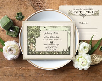 Forest Save the Date Postcards, Woodland Save the Date Wedding Invitations, Nature Mountain Invitations, Sequoia Redwood Wedding