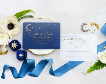 Celestial Save the Date Cards, Star and Moon Wedding Invitations, Navy and Gold Save the Date Postcards, Celestial Wedding - Rustic Stars