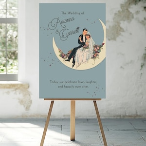 Puede incluir: Un cartel de anuncio de boda con fondo azul y una ilustraci&oacute;n de luna creciente. El texto dice "The Wedding of Avianna & Garrett" y "Today we celebrate love, laughter, and happily ever after."