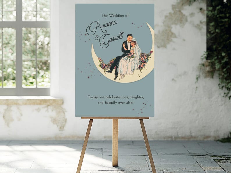 Puede incluir: Un cartel de anuncio de boda con fondo azul y una ilustraci&oacute;n de luna creciente. El texto dice "The Wedding of Avianna & Garrett" y "Today we celebrate love, laughter, and happily ever after."