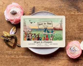 Sailing Boat Save the Date Postcards, Vintage Wedding, Ocean Wedding Invitation Save the Dates, Colorful, Vintage Victorian Sailing