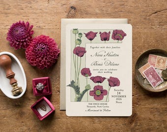 Burgundy Vintage Art Nouveau Floral Wedding Invitation Suite
