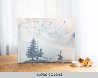 Starry Night Wedding Guest Book: Gold Foil Forest Photo Album
