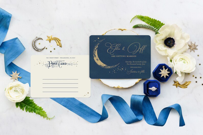 Vintage Moon and Stars Wedding Invitation, Navy and Gold Celestial Invitation, Blue Moon, Night Sky Invitation, Starry Night, Crescent Moon image 7