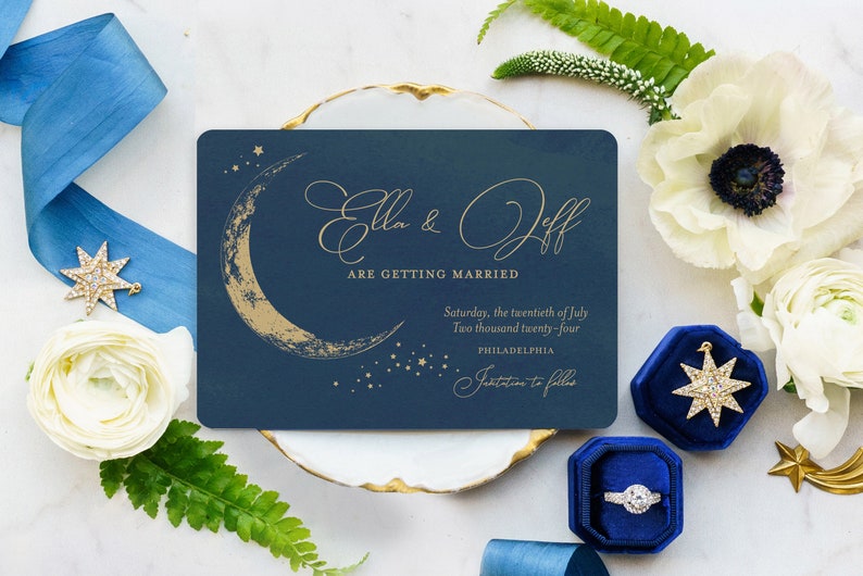 Vintage Moon and Stars Wedding Invitation, Navy and Gold Celestial Invitation, Blue Moon, Night Sky Invitation, Starry Night, Crescent Moon image 10