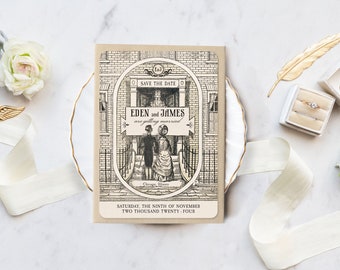 Save the Date Postcards, Vintage Wedding, Victorian Save the Date Postcard, Ivory and Black, Edwardian - Gilded Age