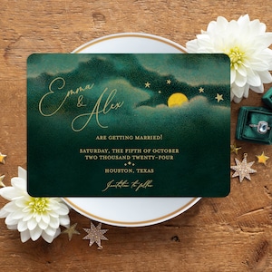 Starry Night Save the Date Cards, Star and Moon Wedding Invitations, Teal Save the Date Postcards, Celestial Wedding - Shooting Stars