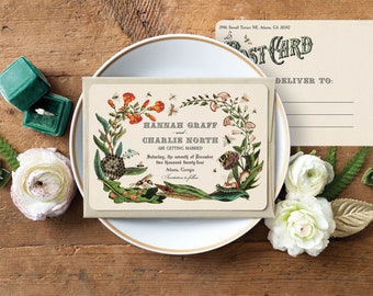 Vintage Botanical Save the Date Cards: Terracotta Wedding Postcards