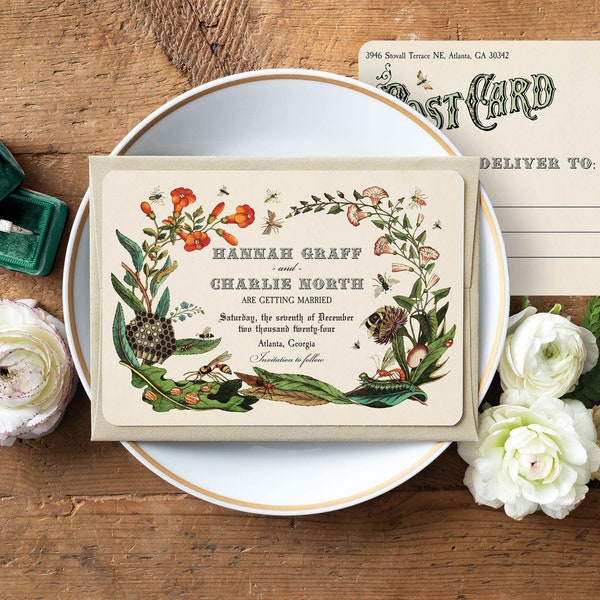 Vintage Botanical Save the Date Cards: Terracotta Wedding Postcards
