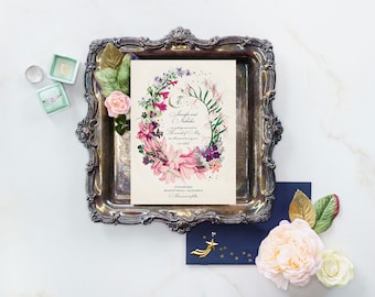 Vintage Botanical and Celestial Wedding Invitations, Boho Wedding, Blush Floral Stationery, Gold Stars, Vintage Botanical Wedding