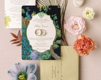 Peacock Wedding Invitation, Jewel Tone Wedding, Art Nouveau Wedding Stationery, Lavender and Peacock Wedding Stationery