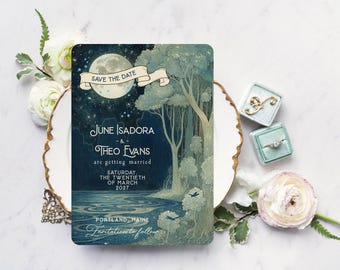 Enchanted Forest Navy Blue Save the Date Cards: Starry Night Blue Moon