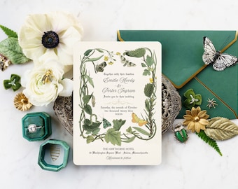 Vintage Botanical Wedding Invitation: Rustic Garden with Butterflies - Flights of Fancy