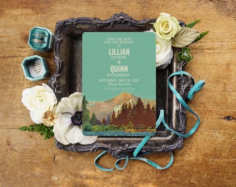 Rustic Mountain Save the Date Postcards, Woodland Save the Date Wedding Invitations, Nature Mountain Invitations, Sequoia Wedding