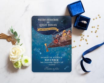 Vintage Moon and Stars Navy Blue Save the Date Cards: Victorian Steampunk Wedding Postcards