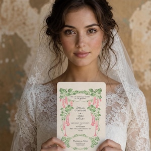 以下が含まれることがあります： レースのウェディングドレスとベールを着た花嫁が、ヴィンテージの結婚式の招待状を持っています。招待状には、緑とピンクの花のイラストと「Stella Condine」と「Leigh Bagley」の名前が記載されています。招待状は11月の結婚式用です。