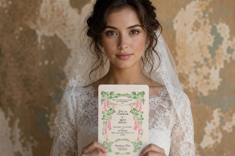以下が含まれることがあります： レースのウェディングドレスとベールを着た花嫁が、ヴィンテージの結婚式の招待状を持っています。招待状には、緑とピンクの花のイラストと「Stella Condine」と「Leigh Bagley」の名前が記載されています。招待状は11月の結婚式用です。