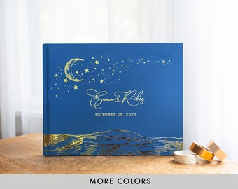 Celestial Wedding Guest Book, Navy Blue and Gold Wedding Photo Album, Silver or Gold Moon Stars, Polaroid Photo Album, Moon and Stars