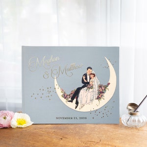 Art Deco Wedding Guest Book, Great Gatsby Dusty Blue Wedding Photo Album, Silver or Gold Moon Stars, Polaroid Guest Book