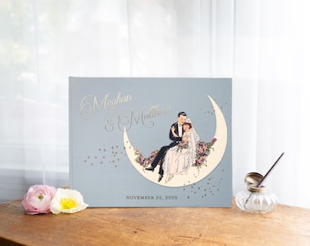 Art Deco Wedding Guest Book, Great Gatsby Dusty Blue Wedding Photo Album, Silver or Gold Moon Stars, Polaroid Guest Book