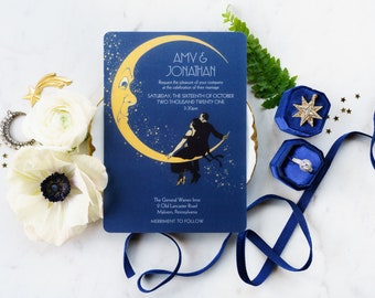 Art Deco Wedding Invitation, Great Gatsby, Roaring 20s Invitation. Celestial Wedding, Moon Stars Wedding, Swinging on the Moon