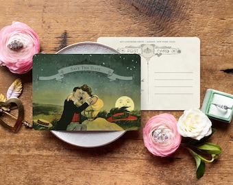 Victorian Save the Date Postcard, Moon Save the Date, Romantic Wedding Invitation, Celestial Wedding