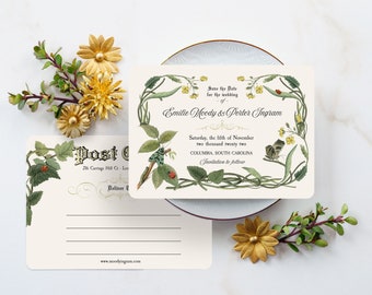 Vintage Botanical Save the Date Postcards: Rustic Wedding