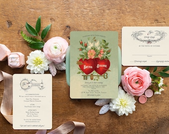 Vintage Inspired Victorian Wedding Invitation: Two Hearts and Love Birds