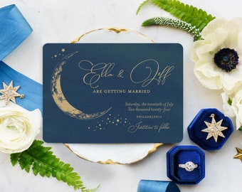 Celestial Save the Date Cards, Navy Blue Vintage Save the Date Postcards, Starry Night Wedding Invitations, Celestial Wedding, Crescent Moon