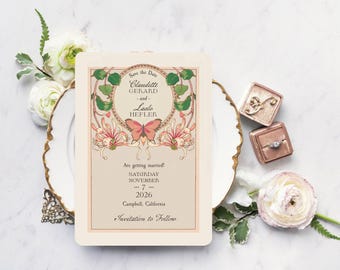 Art Nouveau Wedding Save the Dates: Vintage Botanical Flowers - Primrose