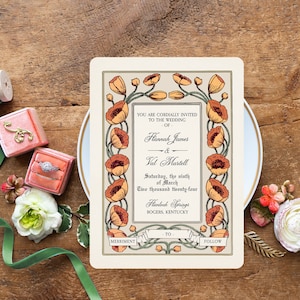 Poppy Wedding Invitation: Vintage Botanical, Orange, Peach and Gold