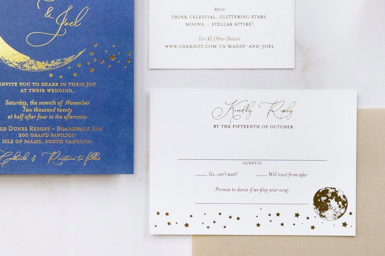 Vintage Moon and Stars Wedding Invitation, Navy and Gold Celestial Invitation, Blue Moon, Night Sky Invitation, Starry Night, Crescent Moon image 4