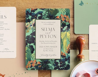 Art Deco Tropical Wedding Invitations: Beach, Palm, Plumeria, Hibiscus