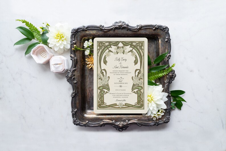 Art Nouveau Wedding Invitation, Mint Green Wedding, Boho Chic Invitation, Vintage Wedding Invite, Art Nouveau Invite image 3