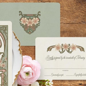 Art Nouveau Wedding Invitation, Mint Green Wedding, Boho Chic Invitation, Vintage Wedding Invite, Art Nouveau Invite image 2