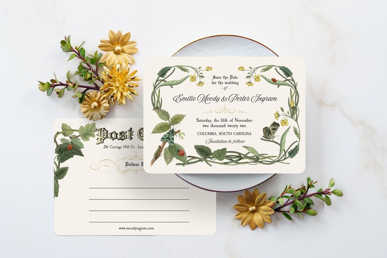 Vintage Botanical Wedding Invitation, Rustic Wedding Invitation, Garden Wedding, Boho Wedding Invitations, Vintage Wedding, Flights of Fancy image 5