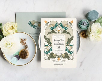 Art Nouveau Wedding Invitation, Botanical Wedding Invitation, Vintage Inspired Wedding Invitations, Boho Vintage - Avril