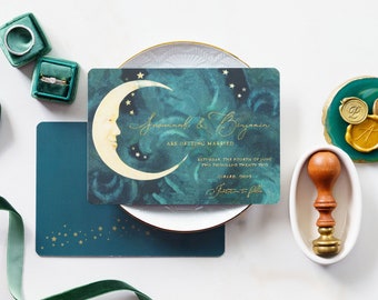 Celestial Save the Date Cards Postcards, Teal Constellation Save the Date, Vintage Save the Date, Starry Night, Celestial Wedding - Moonglow