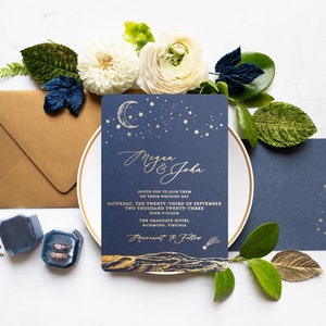 Navy and Gold Foil Celestial Wedding Invitation, Starry Night Wedding Invitations, Moon and Stars, Rustic Starry Night