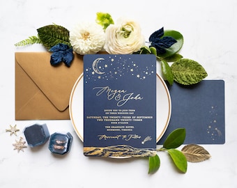 Navy and Gold Foil Celestial Wedding Invitation, Starry Night Wedding Invitations, Moon and Stars, Rustic Starry Night