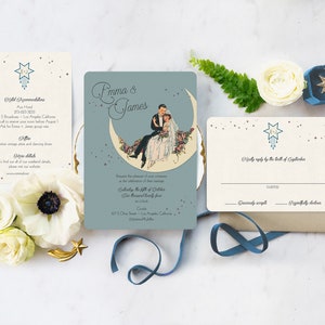 Invitación de boda Art Déco de los años 20, con diseño de Gatsby, Luna y estrellas, para fiesta en un bar clandestino - Paper Moon Couple imagen 2