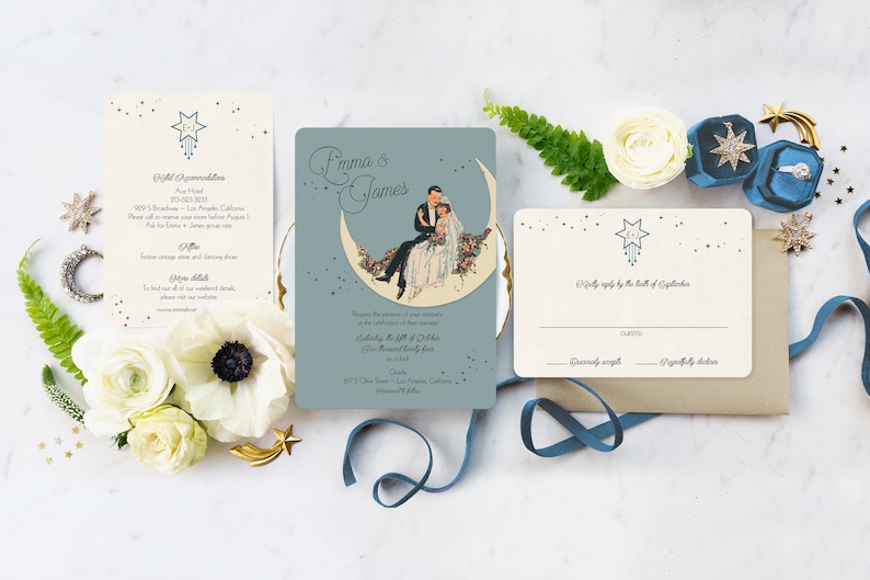 Invitación de boda Art Déco de los años 20, con diseño de Gatsby, Luna y estrellas, para fiesta en un bar clandestino - Paper Moon Couple imagen 2