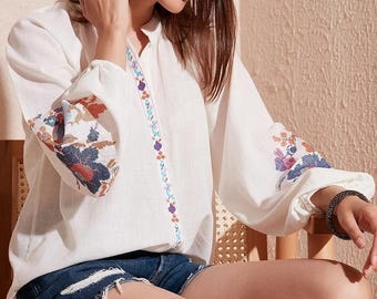 Embroidered Cotton Balloon Sleeve Shirt: White Summer Top