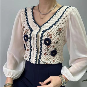 Women&#39;s Sleeves Chiffon Buttoned Short Cream Blouse, Woman Blouse, Victorian Blouse, Embroidered & Knitted Blouse, Edwardian Blouse