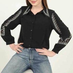 Hand Embroidered Cotton Blouse: Bohemian Style Long Sleeve Shirt