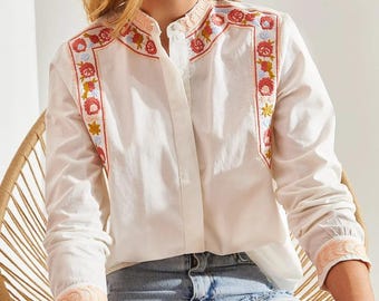 Embroidered Linen Mandarin Collar Shirt: Women's Vintage Style