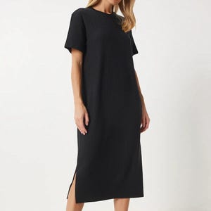 Black Knit Midi Dress: Loose Casual Tunic with Slit