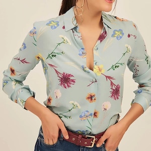 Women's Blue Floral Shirt, Boho Summer Blouse, Women Tunic Top, Long Sleeve Summer Shirt, Beach Shirts, Cute Shirts, Casual Shirt