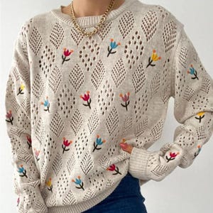 Women&#39;s Standard Size Embroidered Openwork Knitwear Sweater, Wool Sweater Embroidered, Wool Sweater Women Hand Knit, Hand Made Pullover