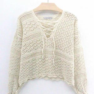 Lace Sleeve Knit Sweater: Cotton Acrylic Blend Openwork Pullover
